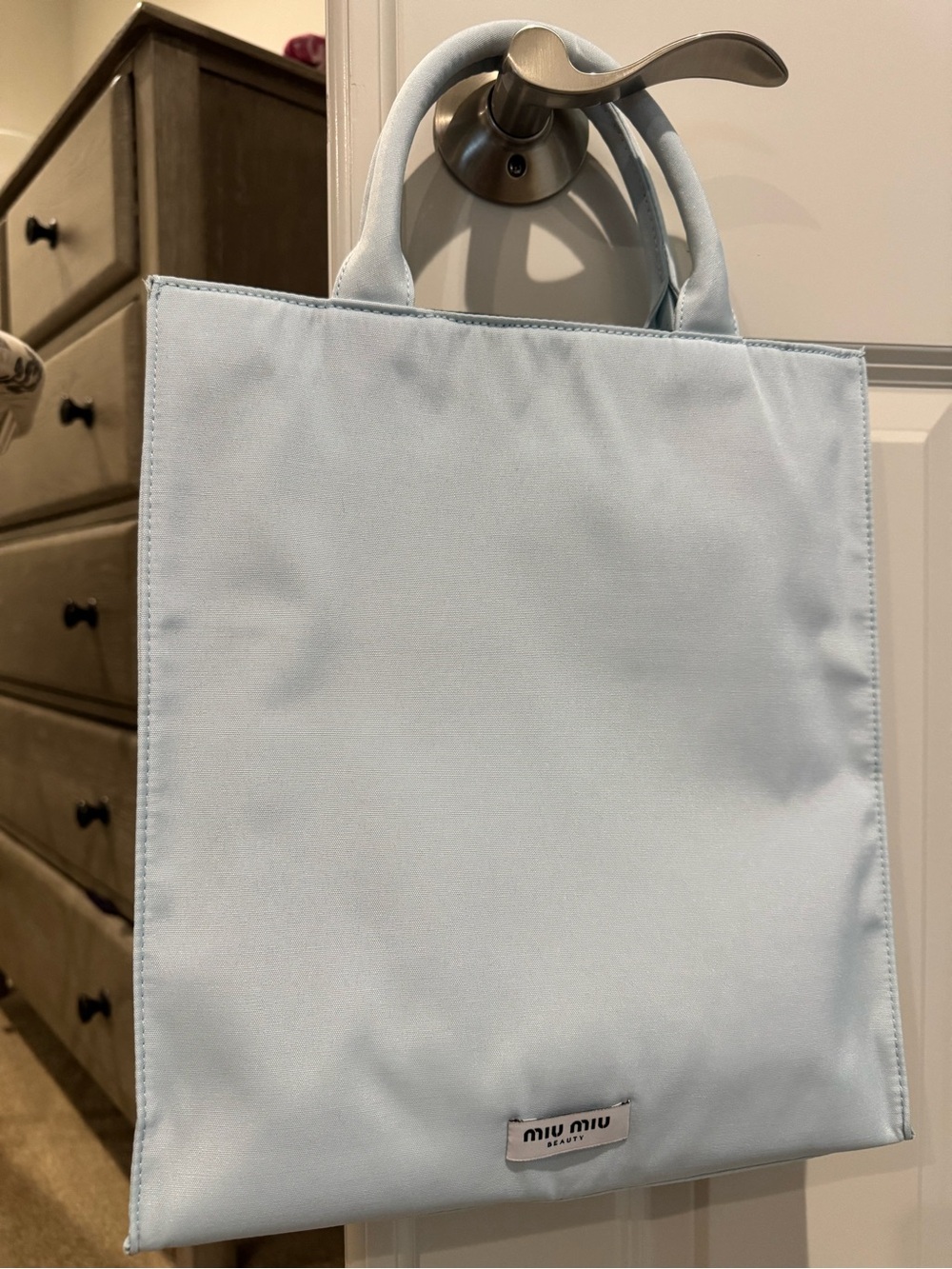 Miu Miu Pale Blue Nylon Tote with Top Handles and separate beauty pouch